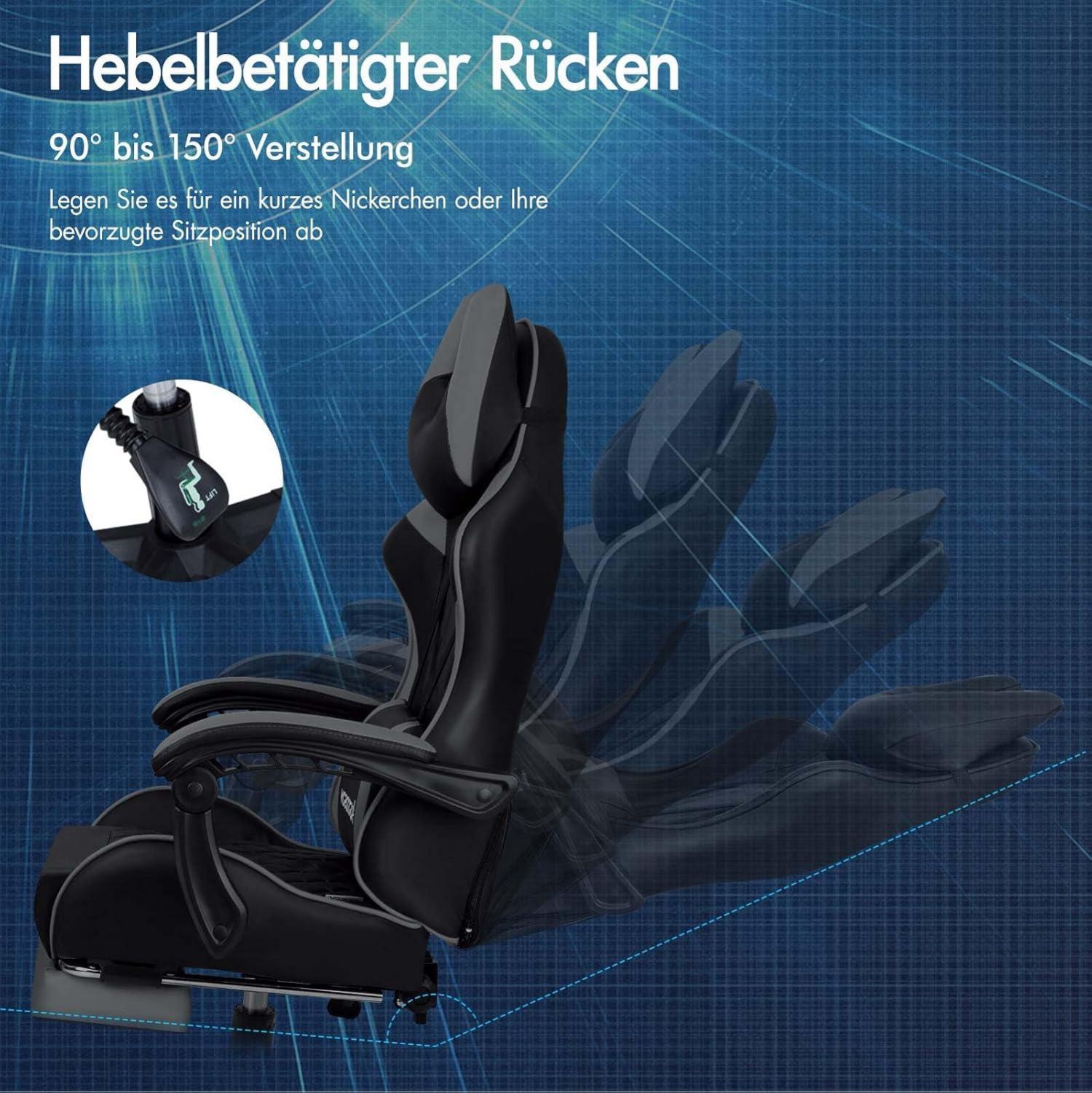 Ergonomischer Gaming-Stuhl mit Fußstütze und Lendenkissen, 150° Neigung, Grau