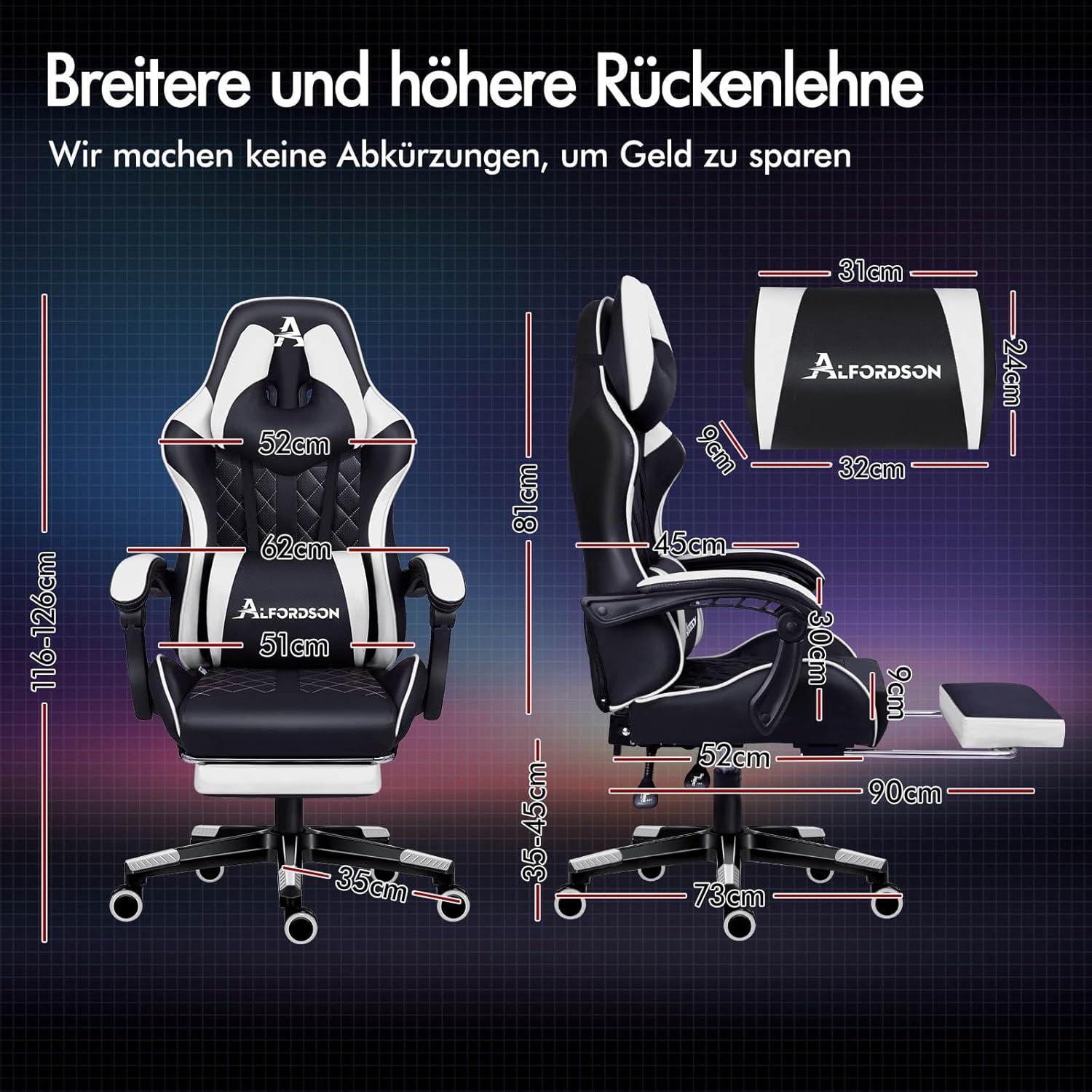 Gaming-Bürostuhl mit Fußstütze, Lendenkissen & Neigungsverstellung
