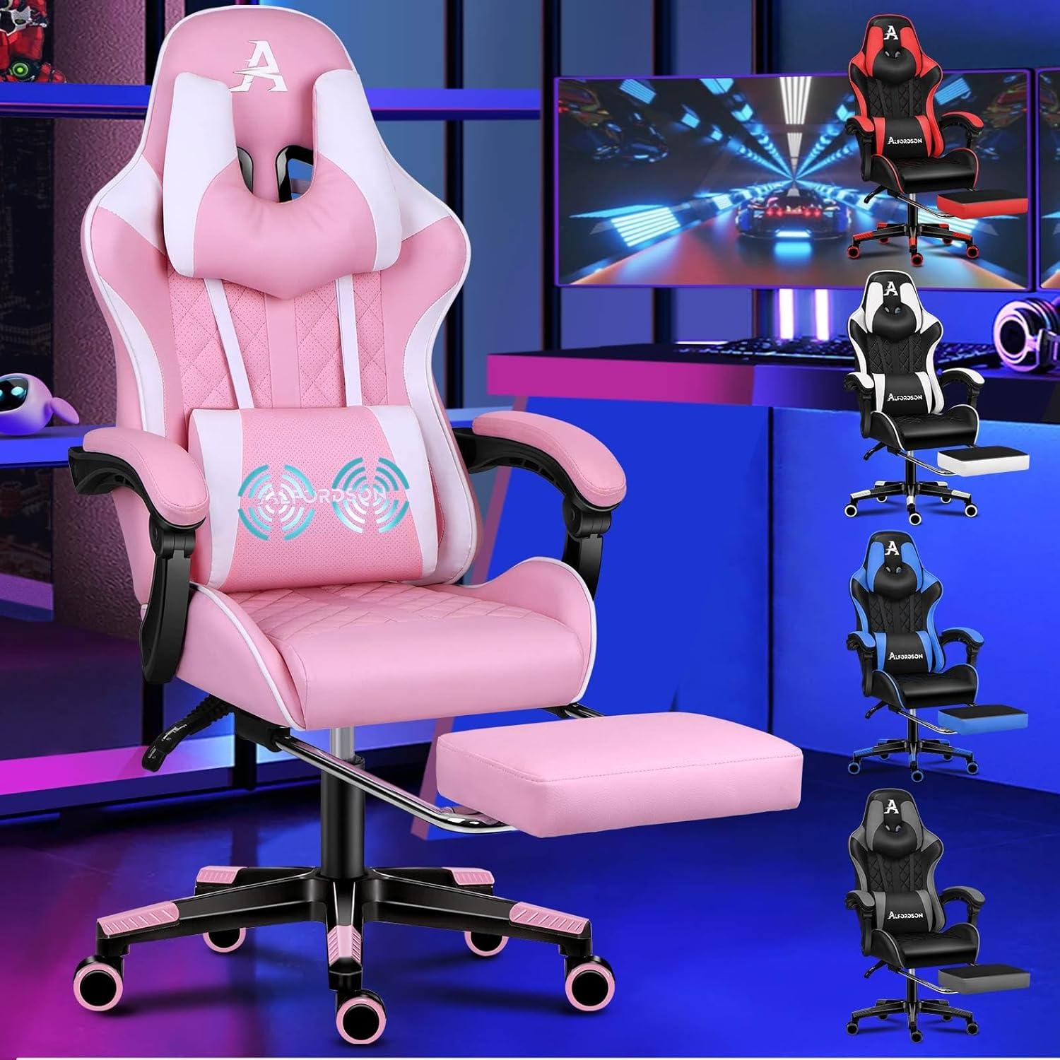 Ergonomischer Gaming-Stuhl mit Fußstütze und Massagefunktion, Rosa