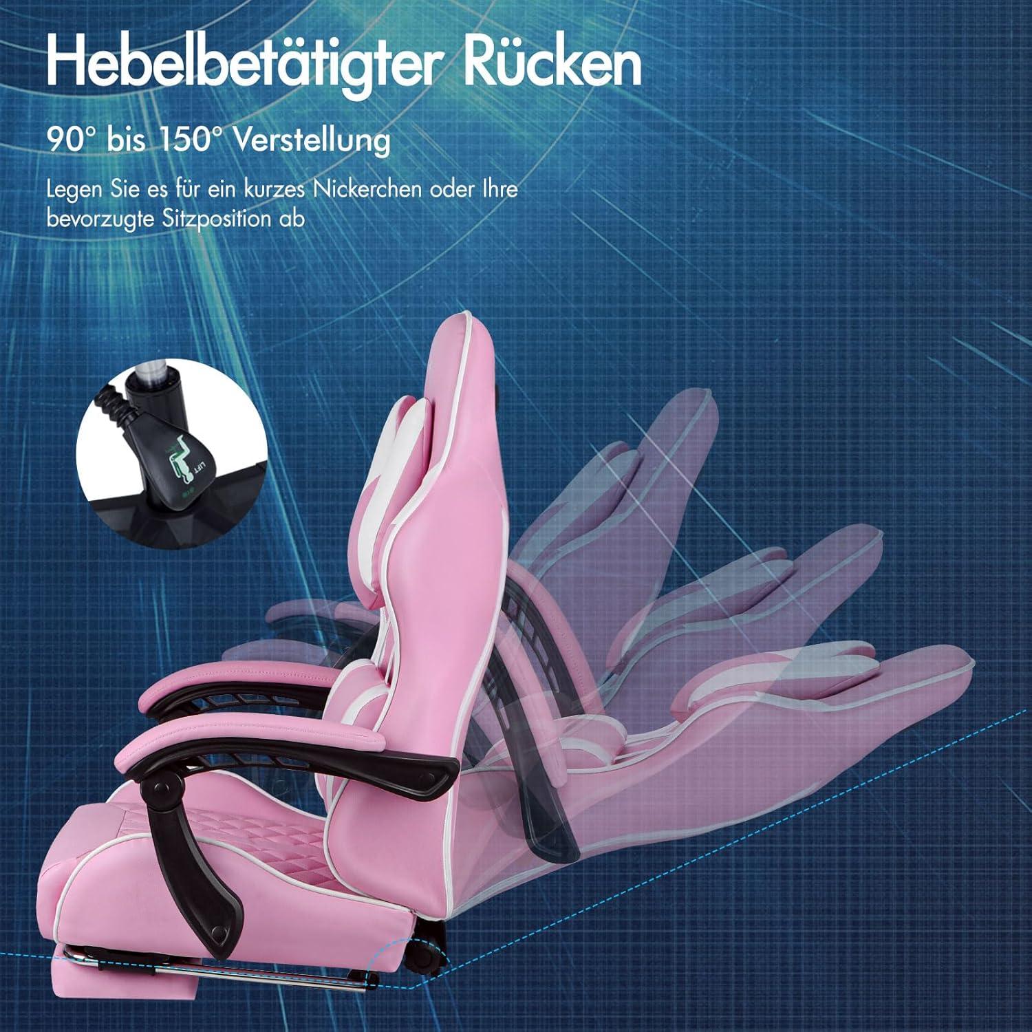 Gaming-Stuhl mit Fußstütze und Lendenwirbelkissen 150° Neigung Rosa