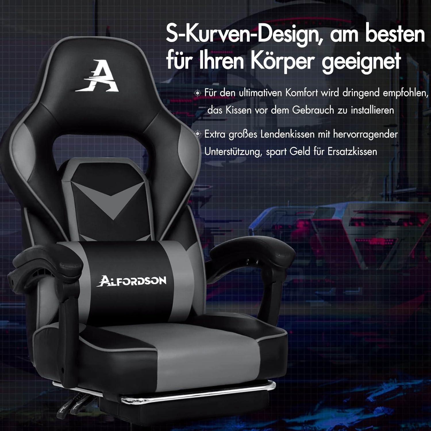Gaming Bürostuhl mit ergonomischer Unterstützung und Fußstütze Grau