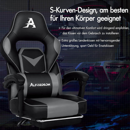 Gaming Bürostuhl mit ergonomischer Unterstützung und Fußstütze Grau