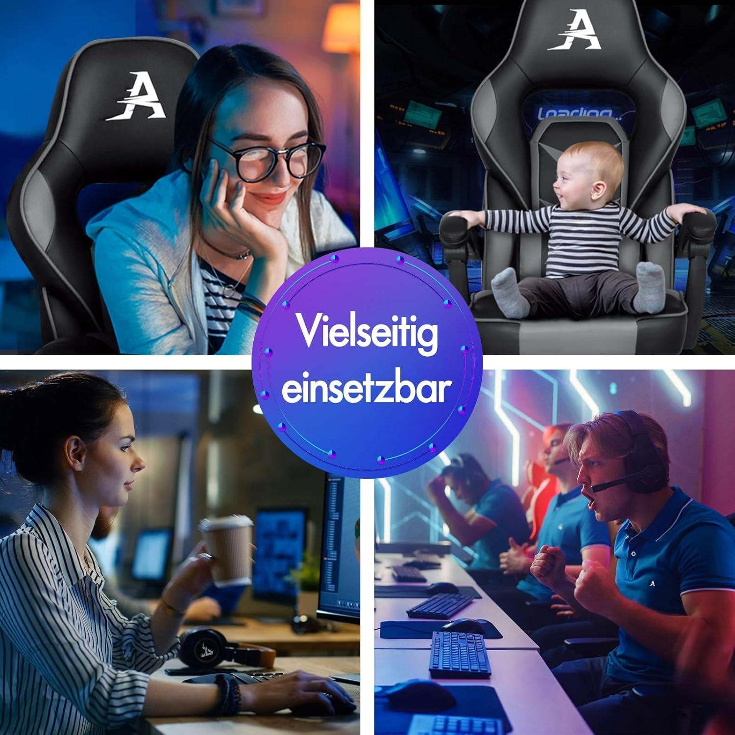 Gaming Bürostuhl mit Fußstütze ergonomisch PU-Leder Grau