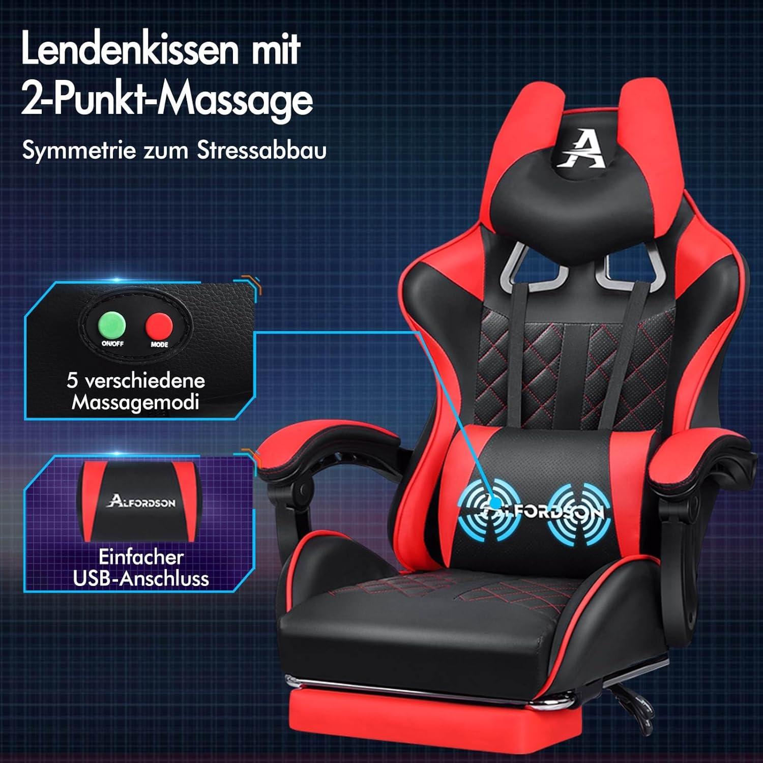 Ergonomischer Gaming-Stuhl mit Fußstütze und Lendenwirbelkissen, Rot