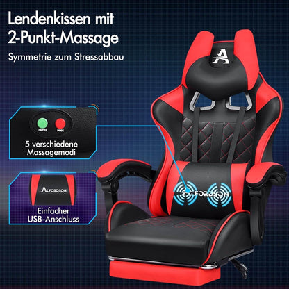 Ergonomischer Gaming-Stuhl mit Fußstütze und Lendenwirbelkissen, Rot
