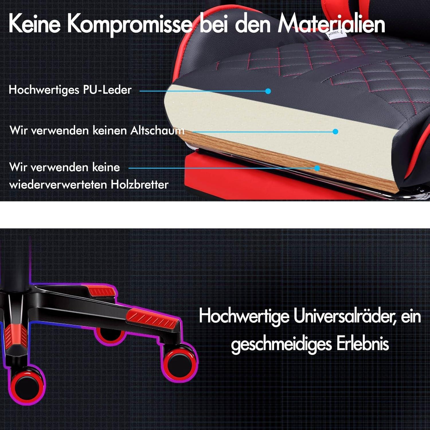 ALFORDSON Gaming-Stuhl mit Fußstütze und Lendenwirbelkissen 150° Neigung Rot