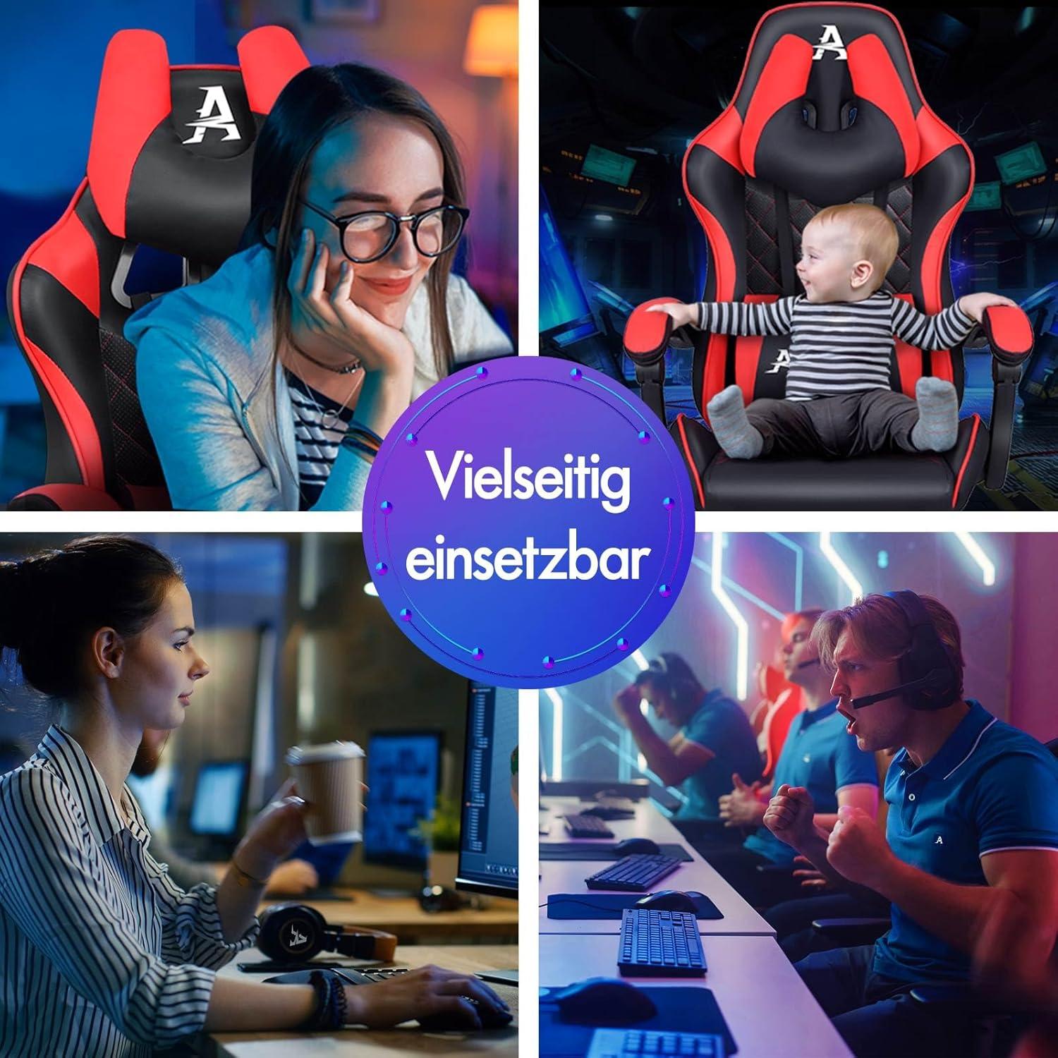 Premium Gaming Stuhl mit Fußstütze und Lordosenstütze, ergonomisches