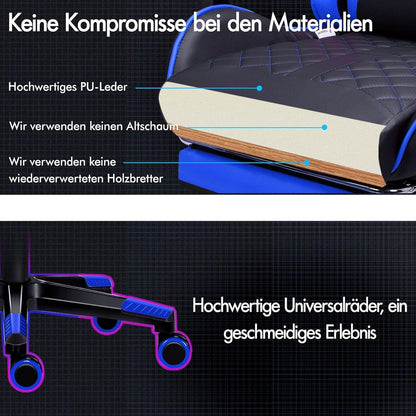 ALFORDSON Gaming-Stuhl mit Fußstütze und Lendenwirbelkissen, ergonomisch, Neigung 150°, hohe Rückenlehne, 180 kg Tragkraft, Blau