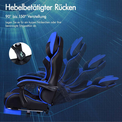 Gaming-Stuhl mit Fußstütze und Lendenwirbelkissen, ergonomisch, Blau