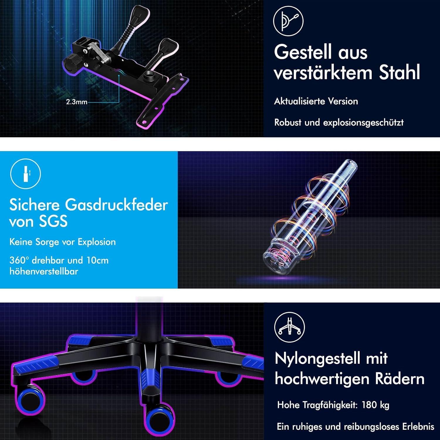 Gaming-Stuhl mit Fußstütze und Lendenwirbelkissen, ergonomisch, 180 kg
