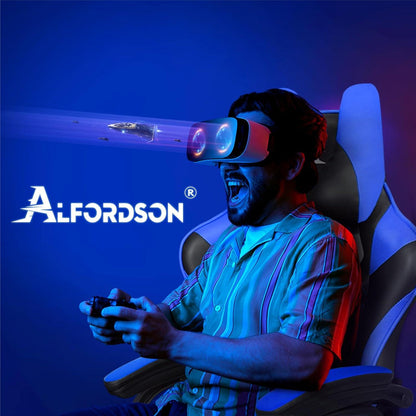 Gaming-Stuhl mit Fußstütze und Lendenwirbelkissen, ergonomisch, Blau
