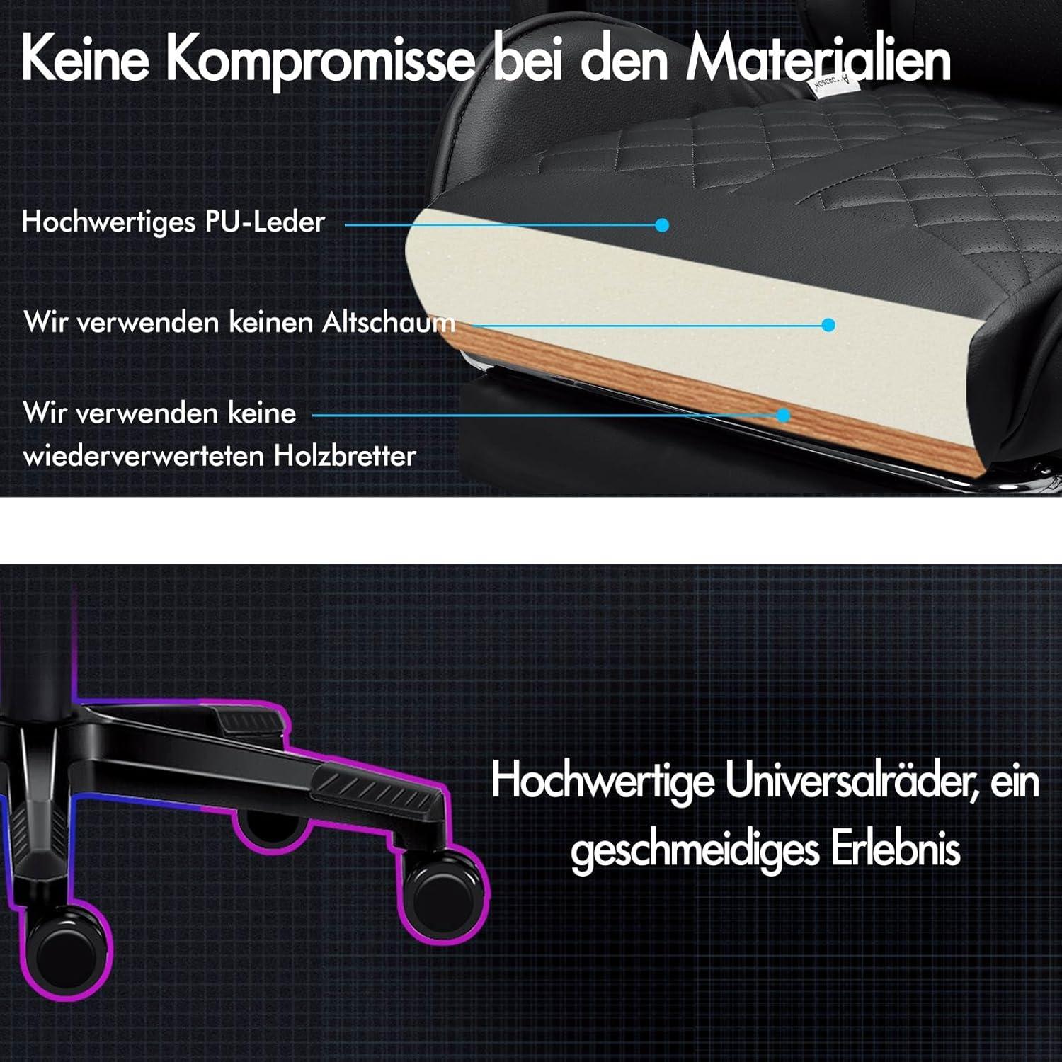 ALFORDSON Gamingstuhl mit Fußstütze und Lendenwirbelkissen, ergonomisch, hohe Rückenlehne, Schwarz