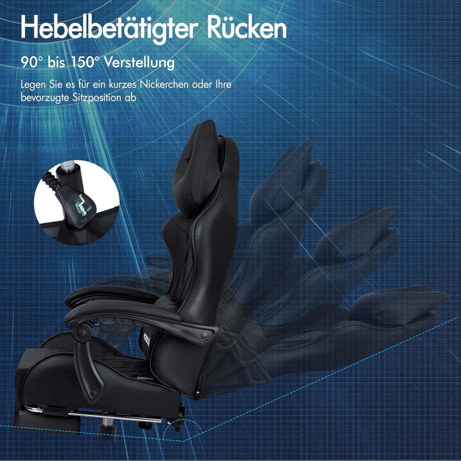 Gaming-Stuhl mit Fußstütze und Lendenkissen, ergonomisch, 150° Neigung, 180