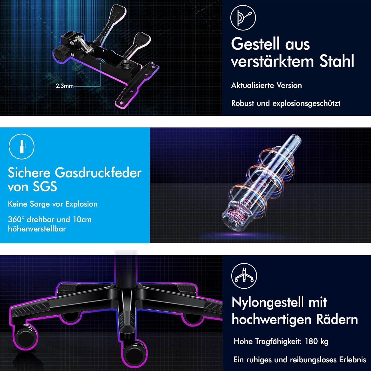 Gamingstuhl mit Fußstütze, Lendenwirbelkissen, 150° Neigung, hohe