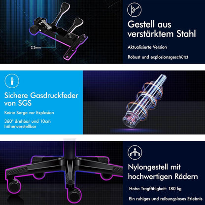 Gamingstuhl mit Fußstütze, Lendenwirbelkissen, 150° Neigung, hohe