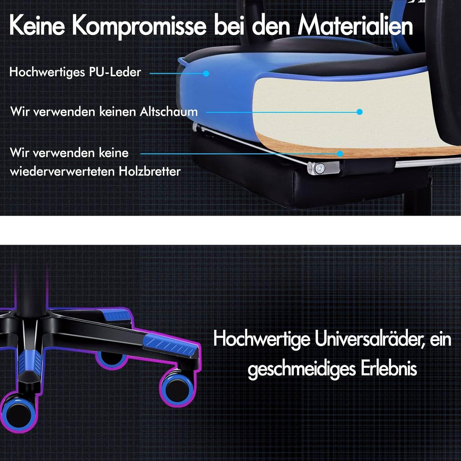 Gaming Stuhl Racing Bürostuhl Executive Sport Blau PU Leder Fußstütze