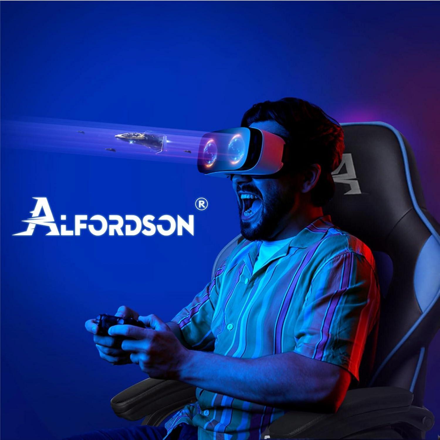 Gaming Stuhl Racing Bürostuhl Executive Sport Blau PU Leder Fußstütze