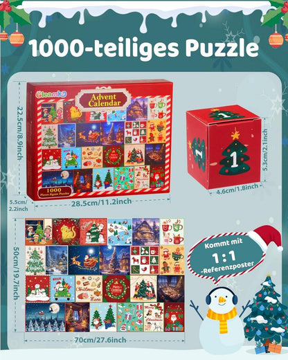 Gleamkid Puzzle Adventskalender 2024, 24-teilig 1000 Teile Weihnachts Countdown für Kinder und Erwachsene