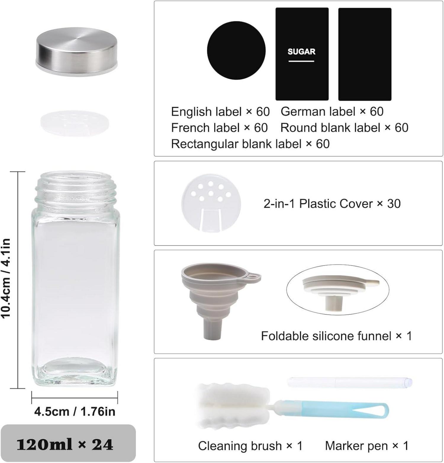 24 Gewürzgläser Set 120ml mit Etiketten Streueinsatz