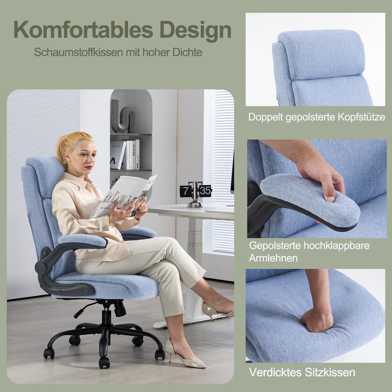 Ergonomischer Bürostuhl mit Rückenlehne und Armlehne - Höhenverstellbar - Wippfunktion - Blau - Max. 150 kg