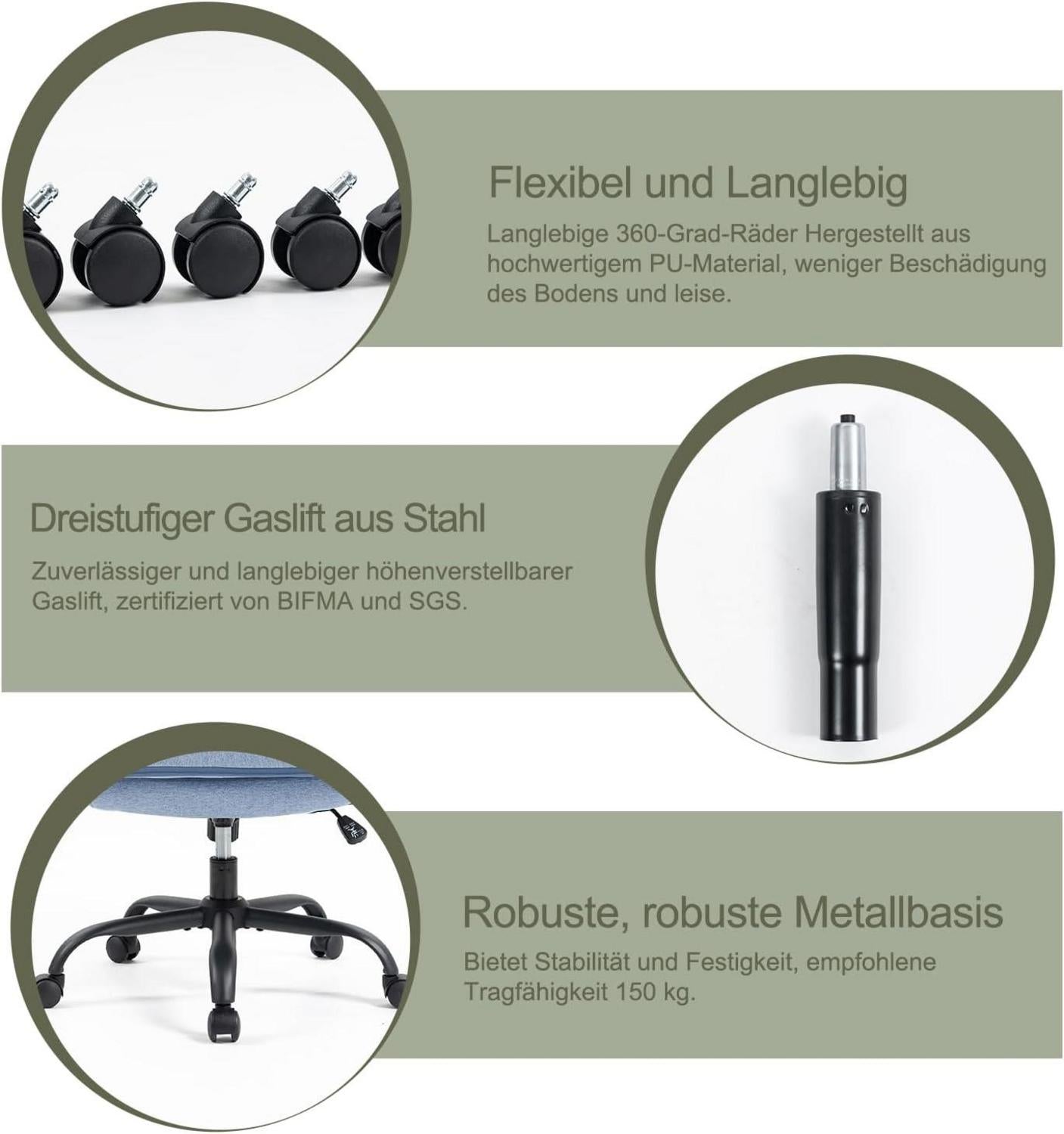 Ergonomischer Bürostuhl mit Rückenlehne und Armlehne - Höhenverstellbar - Wippfunktion - Blau - Max. 150 kg