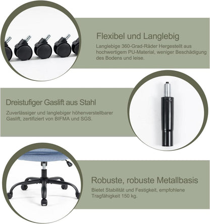 Ergonomischer Bürostuhl mit Rückenlehne und Armlehne - Höhenverstellbar - Wippfunktion - Blau - Max. 150 kg