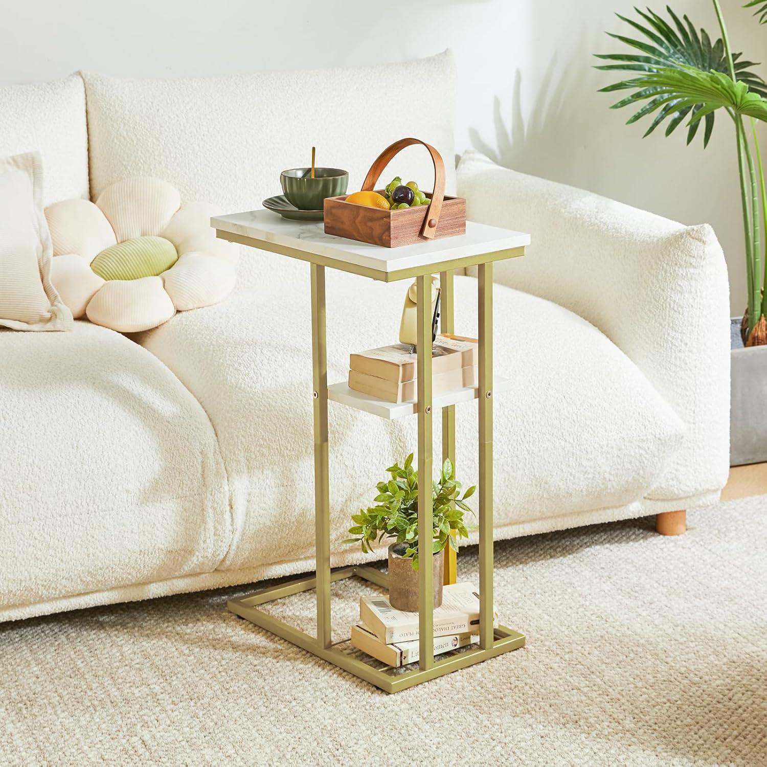YMYNY Beistelltisch C-Form Marmormuster Weiß Gold 2er-Set 40x26x61,5cm