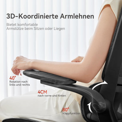 Ergonomischer Bürostuhl mit 3D Armlehnen und adaptiver Lendenwirbelstütze