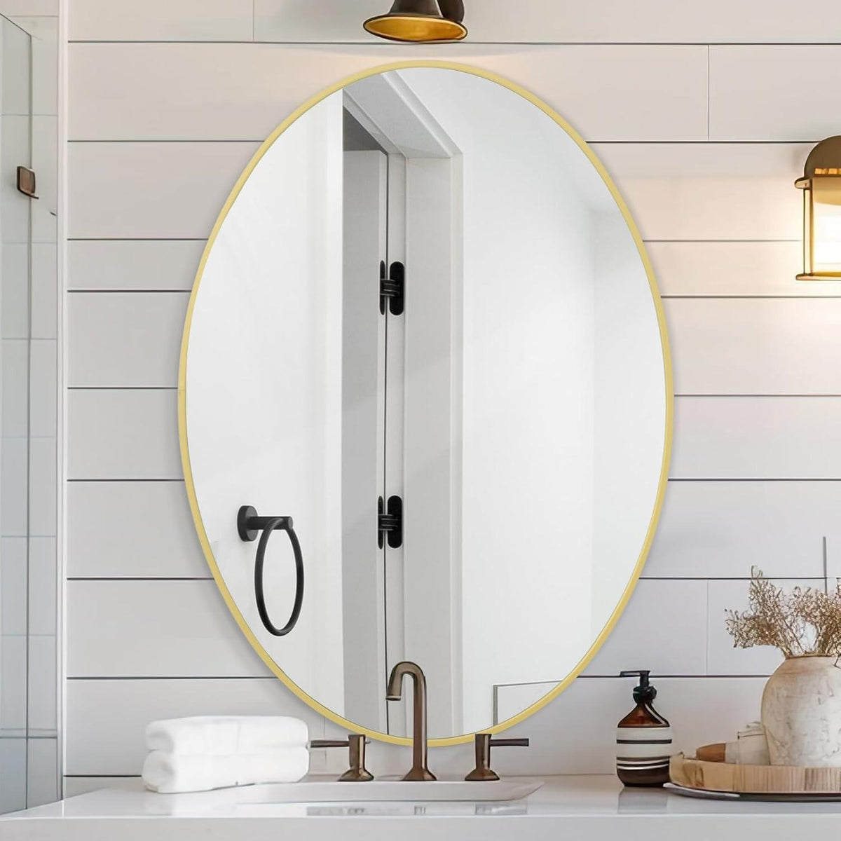 Oval Wandspiegel Gold 51x71 cm - Moderner Badspiegel für Wohnraum