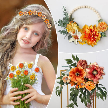 40 Stück Kunstblumen Basteln Blumenköpfe Deko Orange Rosen Hortensien