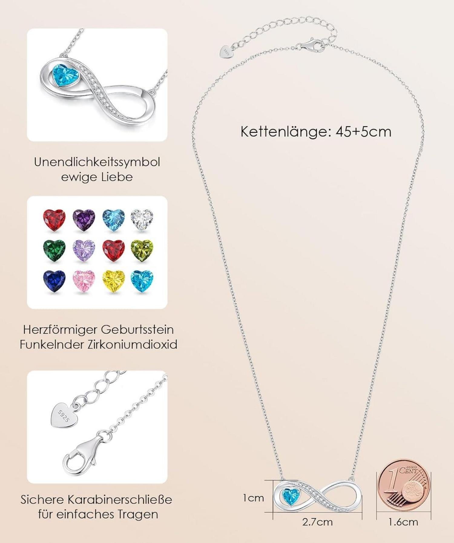 Infinity Herz Halskette 925 Silber Geburtsstein Schmuck Frau