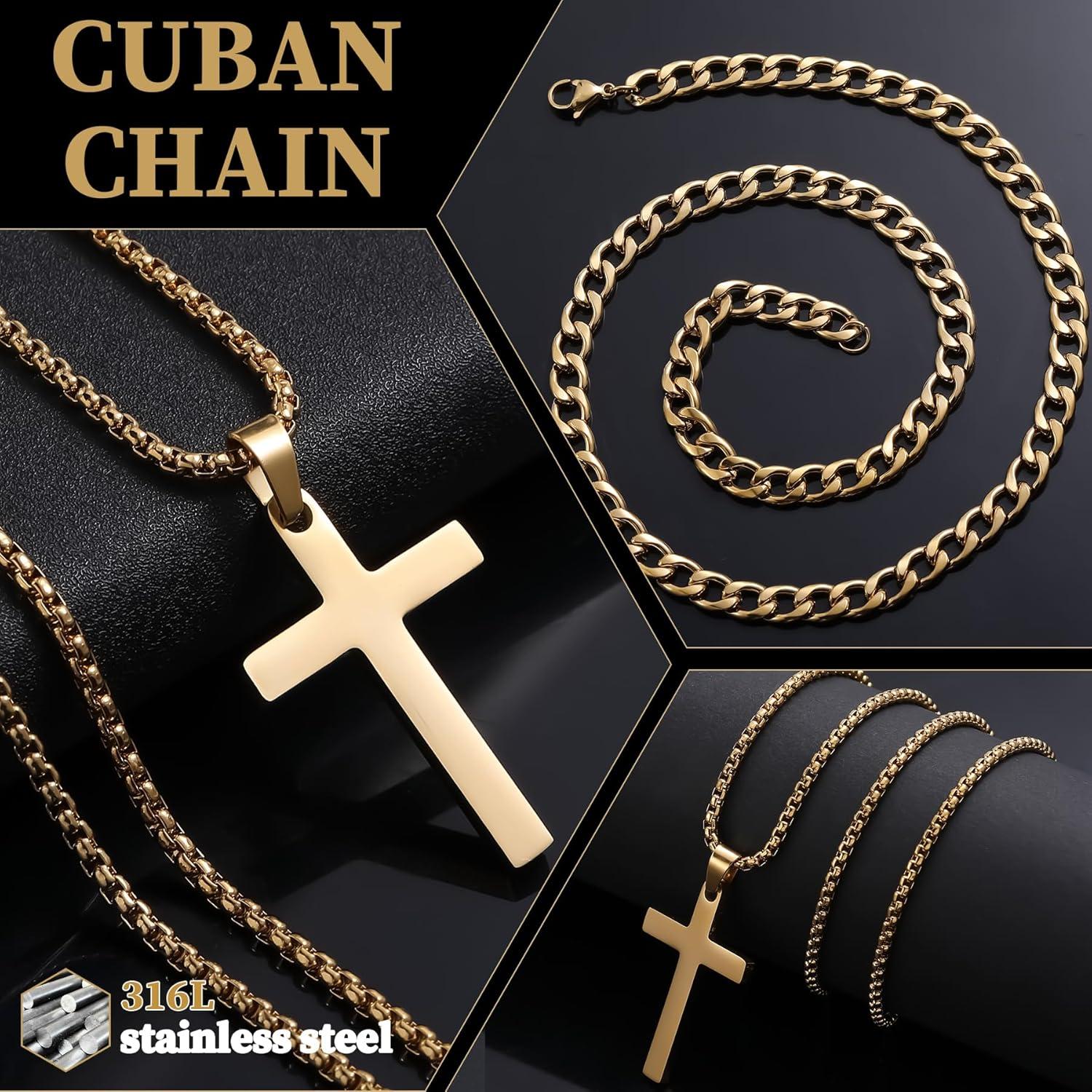 Herrenkette Kreuz Anhänger Kubanische Kette Silber/Gold 55cm/60cm