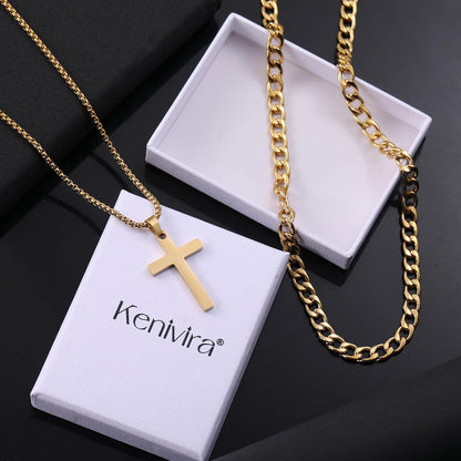 2Pcs Herren Kreuz Kette Halskette Kubanische Kette Silber/Gold/Schwarz