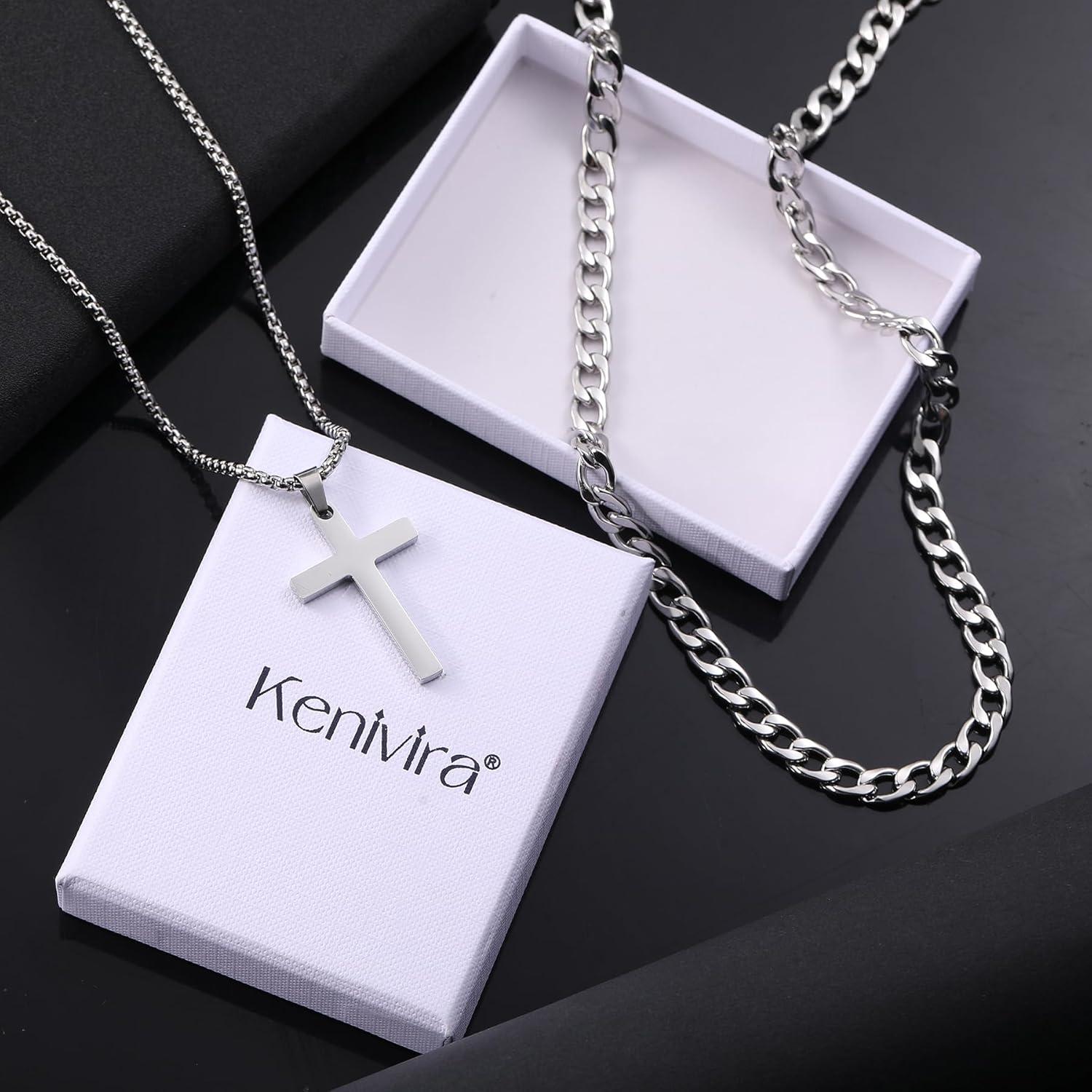 2Pcs Herren Kreuz Kette Halskette Kubanische Schwarz Silber Gold
