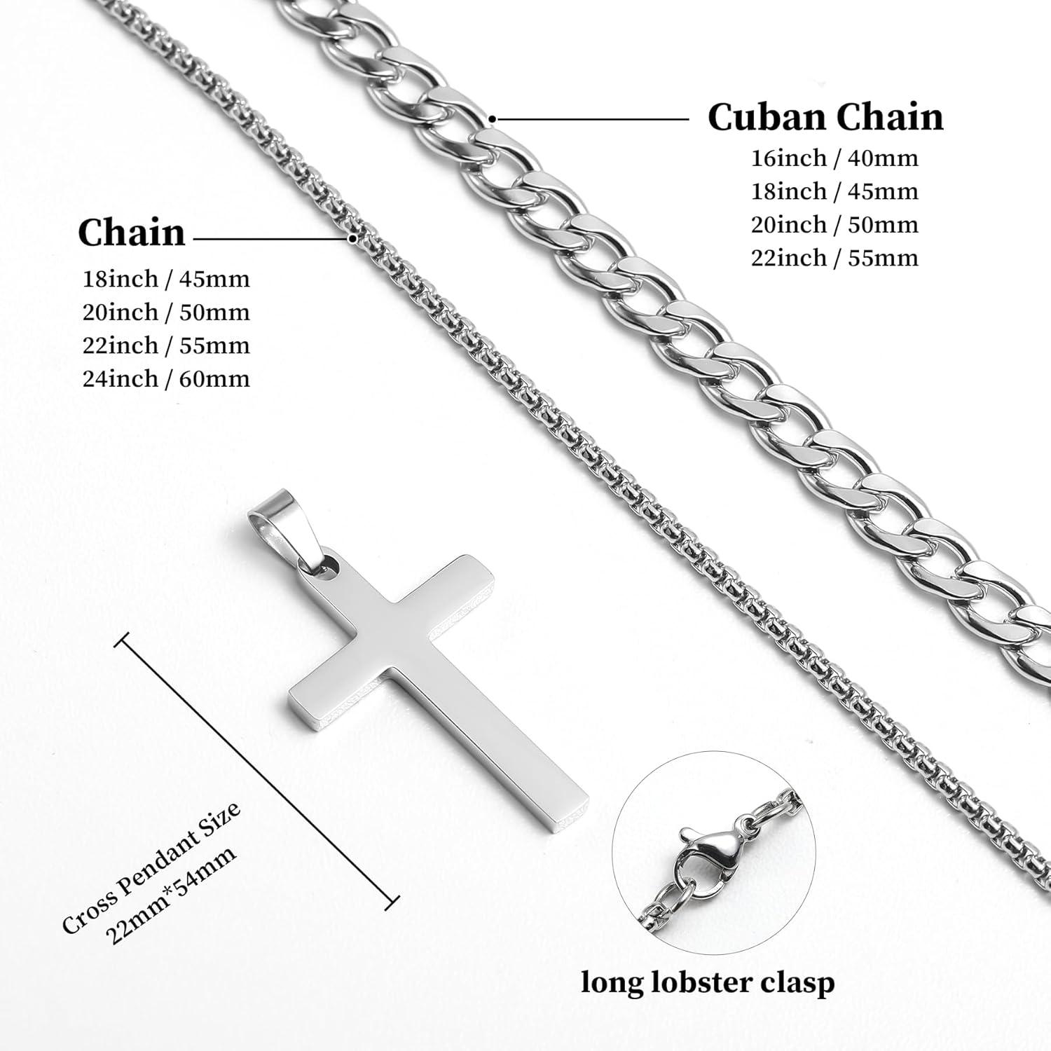 Herren Halskette 2Pcs Kreuz Anhänger Silber Kubanische Kette