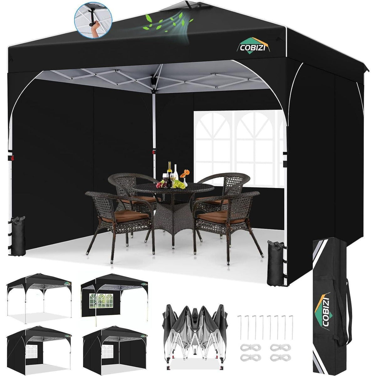 Faltpavillon 3x3m Wasserdicht Stabil UV Schutz 50+ mit Seitenwänden Schwarz