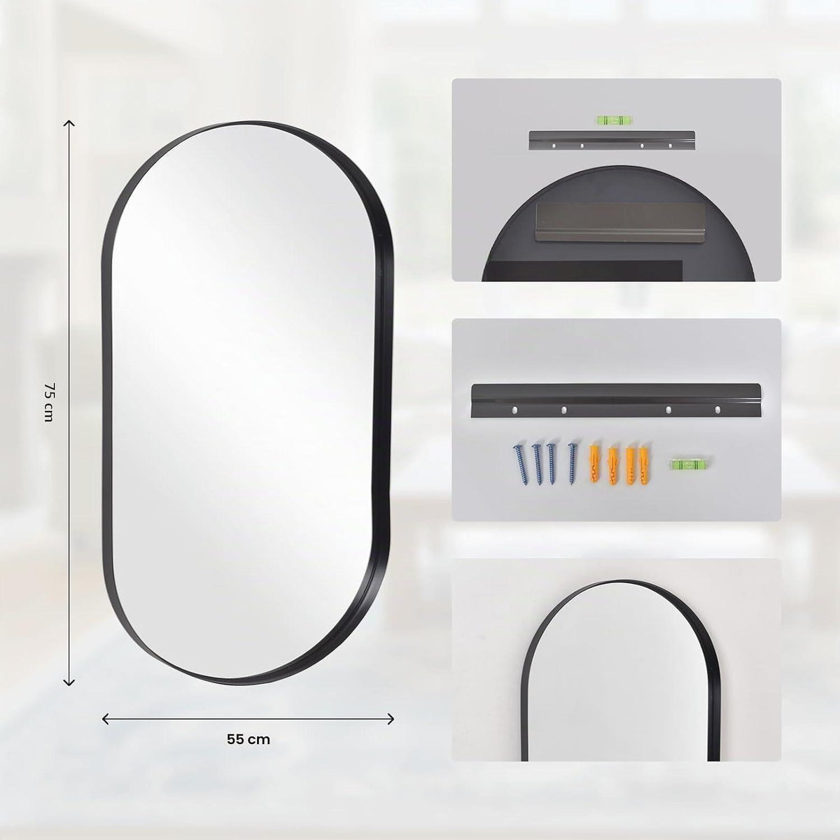 Oval Wandspiegel Schwarz 55x75cm - Modernes Badezimmer Dekor