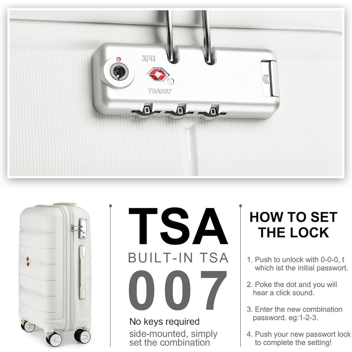 Kabinenkoffer Trolley 55cm Erweiterbar mit TSA-Schloss Weiß