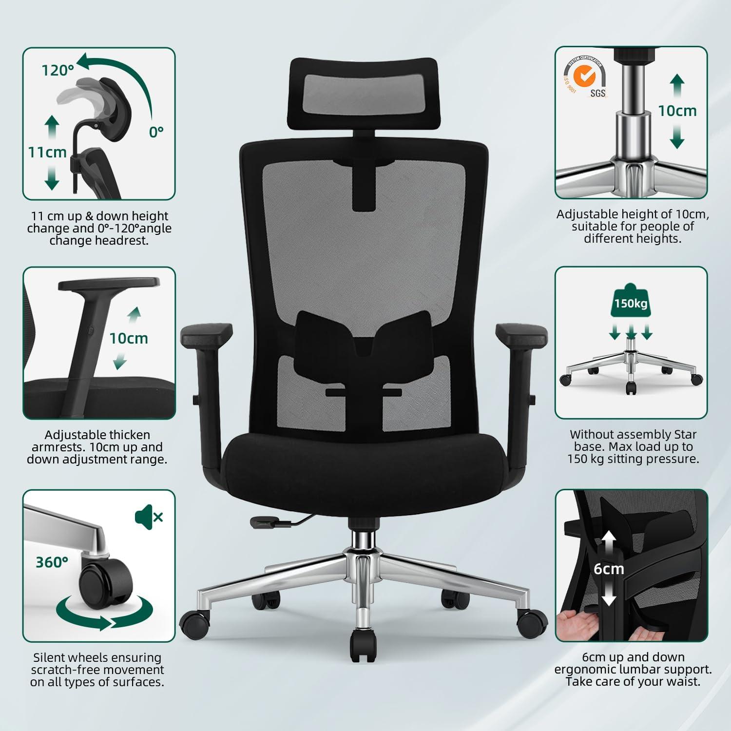 Ergonomischer Bürostuhl mit Verstellbarer Lendenwirbelstütze Armlehnen
