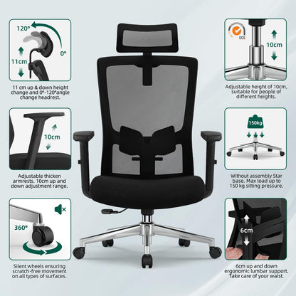 Ergonomischer Bürostuhl mit Verstellbarer Lendenwirbelstütze Armlehnen