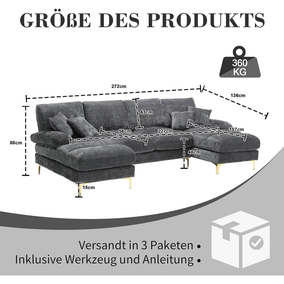 Modernes U-förmiges Chenille Sofa mit Liegefunktion (Grau)
