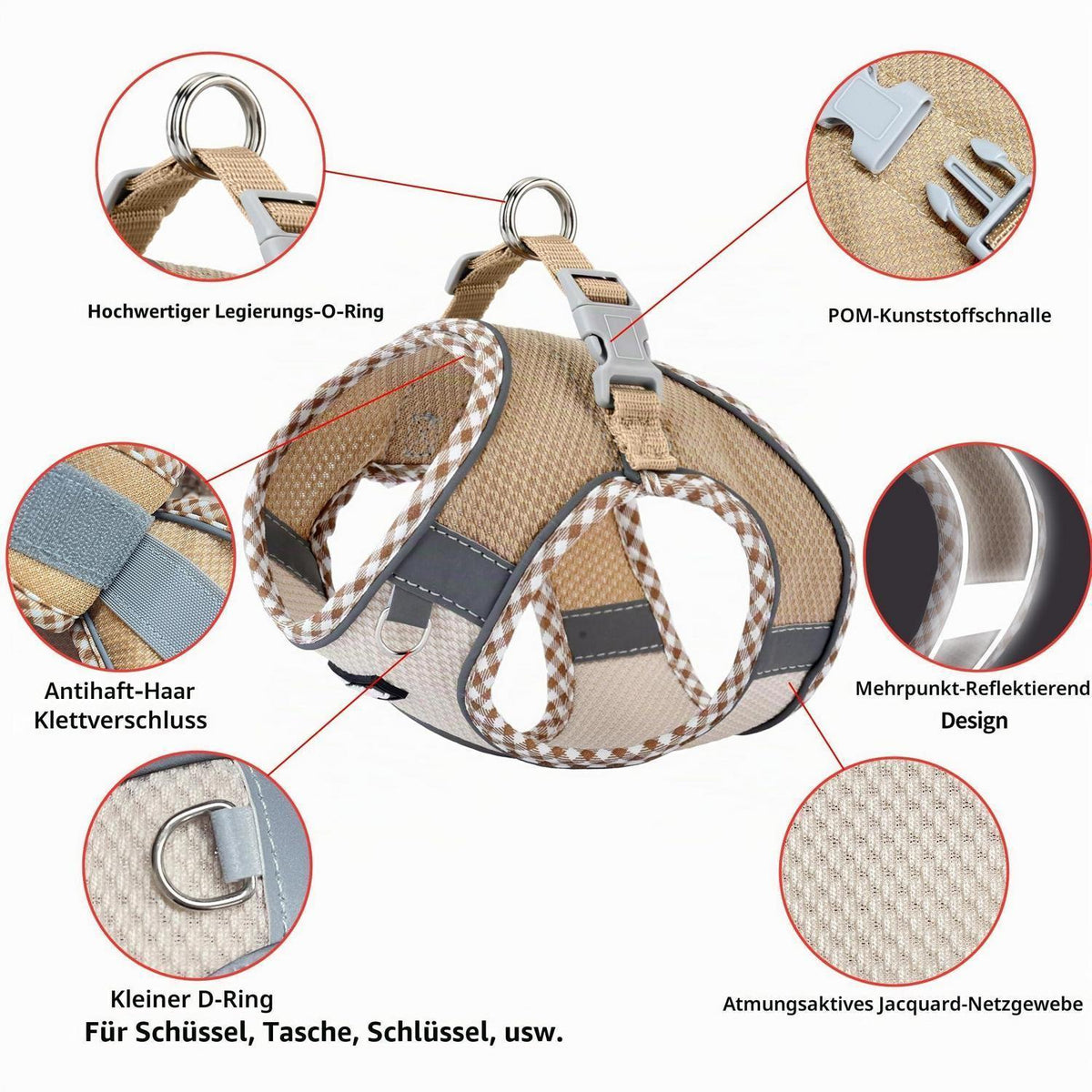 Hundegeschirr Ausbruchssicher mit Leine – Atmungsaktiv & Reflektierend Braun-Beige M