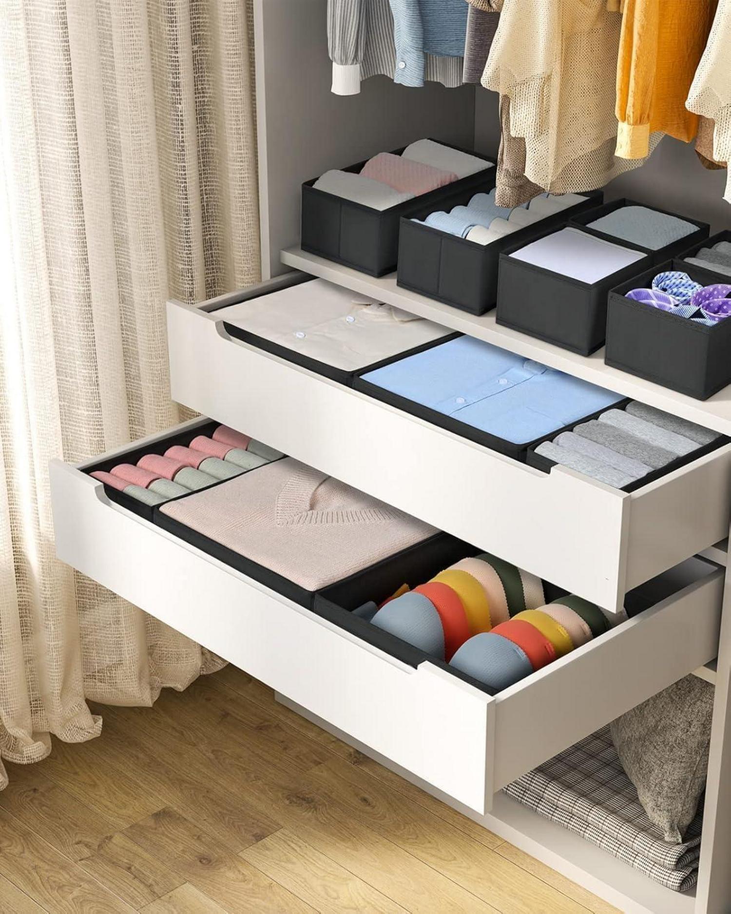 12er Schrank Organizer Set für Schubladen Aufbewahrungsboxen, Unterwäsche Organizer, Kleiderschrank Ordnungssystem - Schwarz