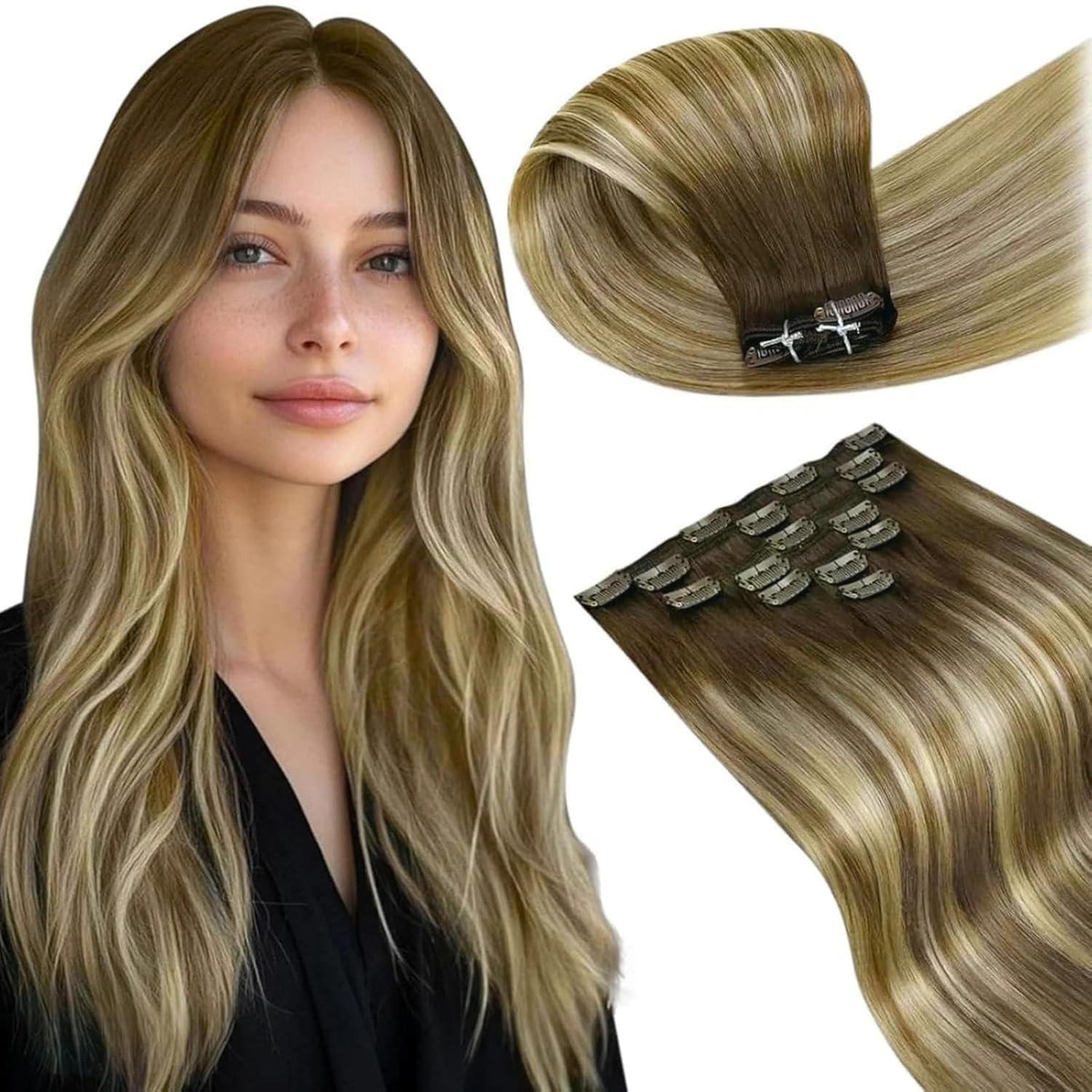 Echthaar Clip in Extensions Ombre Braun-Blond 55cm