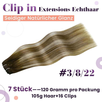 Echthaar Clip in Extensions Ombre Braun-Blond 55cm