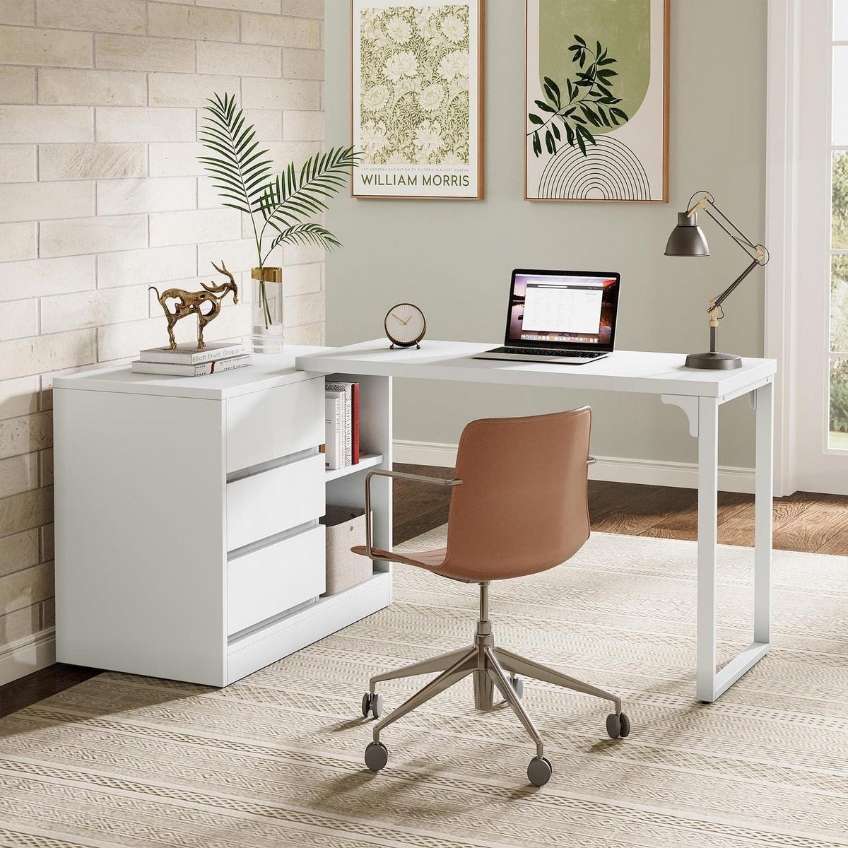 L-förmiger Schreibtisch mit Schubladen & Regalen – Weißes Homeoffice