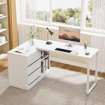 L-förmiger Schreibtisch mit Schubladen & Regalen – Weißes Homeoffice