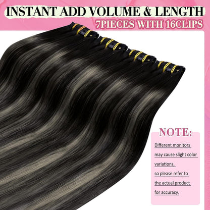 Clip-in Echthaar Extensions Ombre Schwarz Silber 50cm
