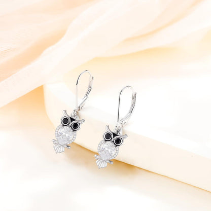 Silber 925 Hängende Eulen Ohrringe, Lang, Zirkonia, Geschenkidee