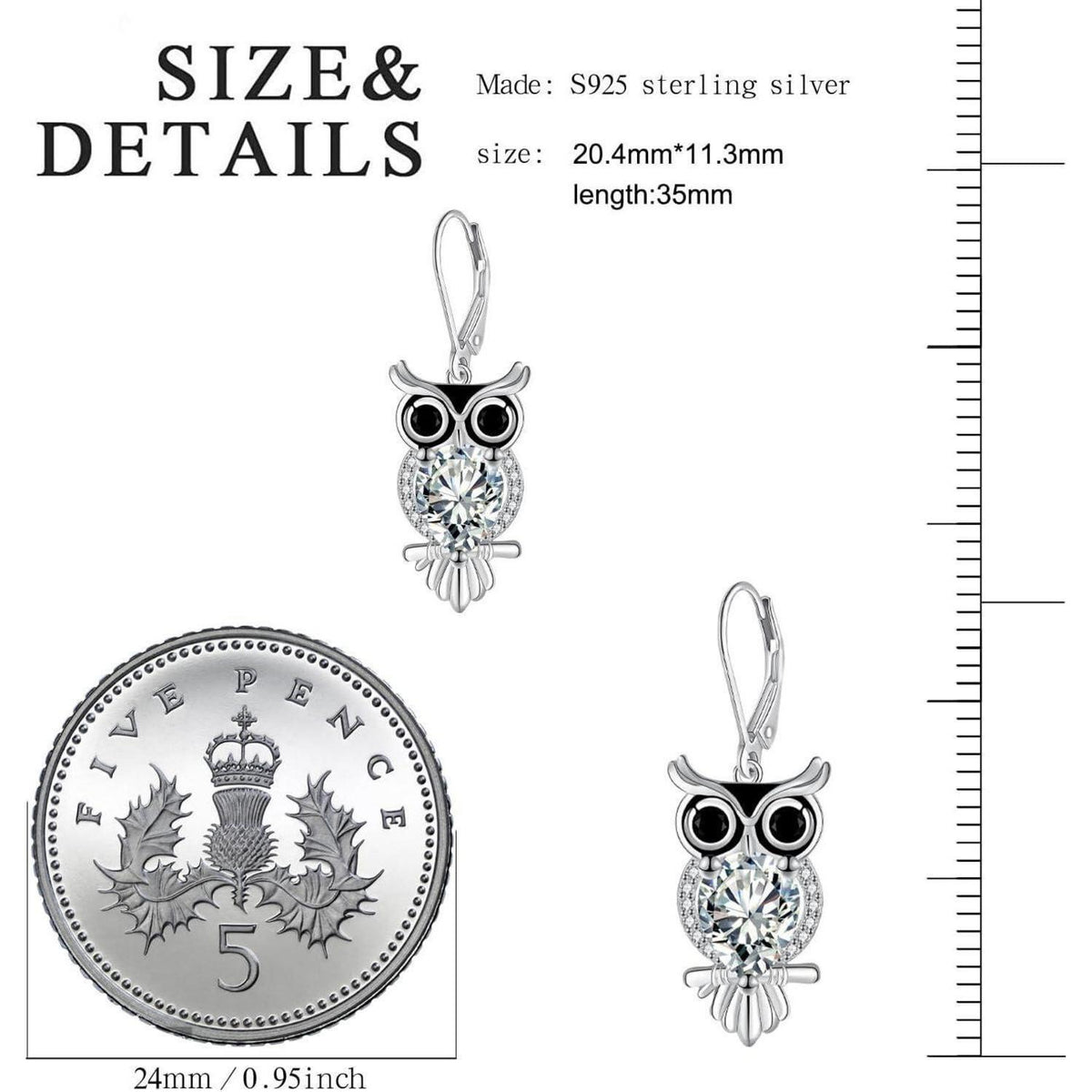 Silber 925 Hängende Eulen Ohrringe, Lang, Zirkonia, Geschenkidee